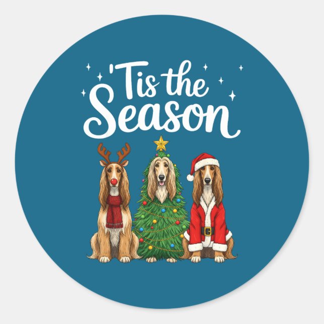 Pegatina Redonda Tis The Season Afghan Hound Christmas Santa Dog Lo (Anverso)