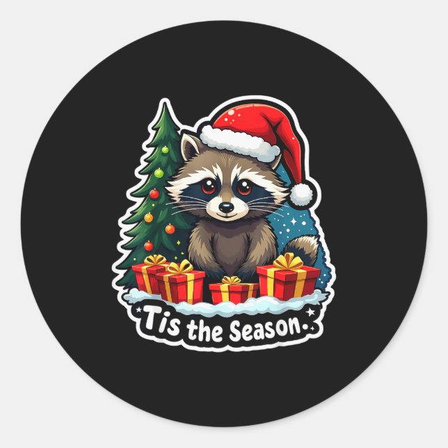 Pegatina Redonda Tis The Season Racoon Christmas Tree Festive Xmas  (Anverso)