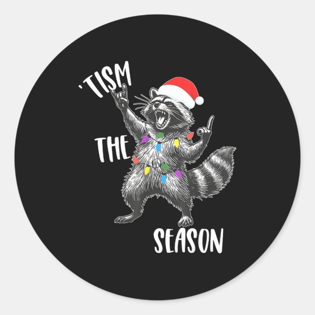 Pegatina Redonda Tism The Season Raccoon Rock Santa Hat Autism Chri (Anverso)