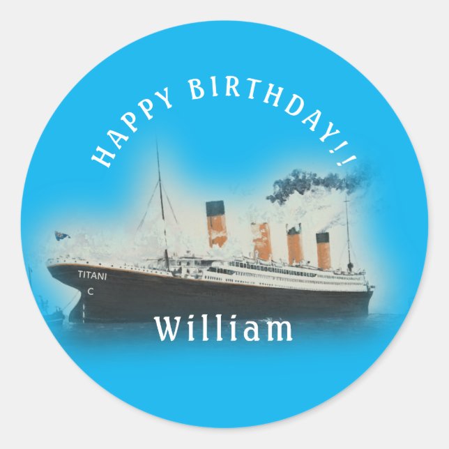 Pegatina Redonda Titanic Blue Birday White Star Line Ship (Anverso)