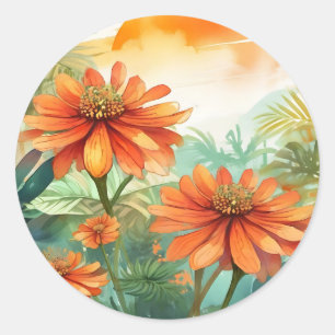 Pegatina Redonda Titonia tropical exótica acuarela