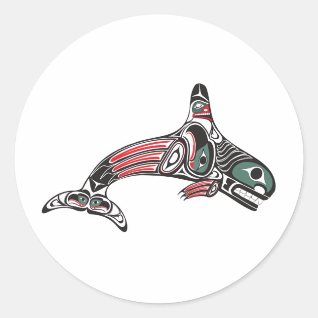 Pegatina Redonda Tlingit Killer Whale & Eagle (Anverso)