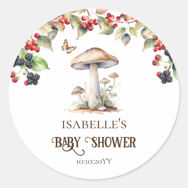 Pegatina Redonda Toadstool de Woodland & Mushroom Fall Baby Shower (Anverso)