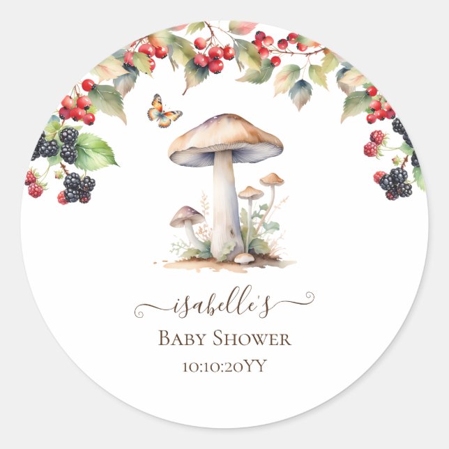 Pegatina Redonda Toadstool de Woodland & Mushroom Fall Baby Shower (Anverso)