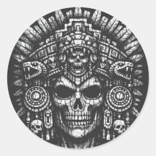 Pegatina Redonda Tocado de cráneo azteca de BurnsInHell