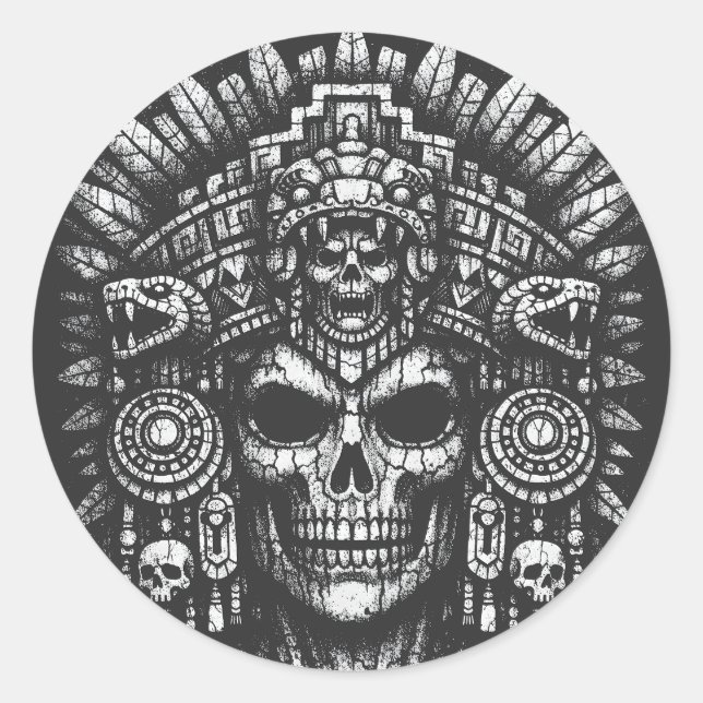 Pegatina Redonda Tocado de cráneo azteca de BurnsInHell (Anverso)