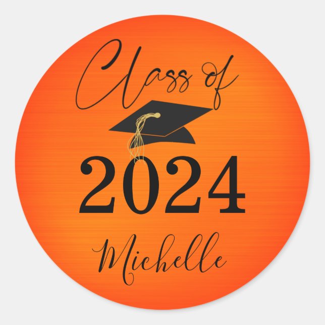 Pegatina Redonda Tocado negro naranja de graduación guion metálico  (Anverso)