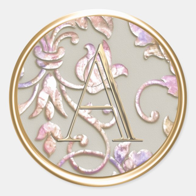 Pegatina Redonda TODAS LAS INICIALES Monograma Damasco rosa Púrpura (Anverso)