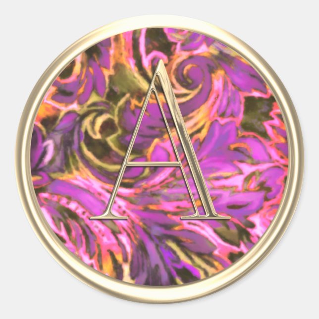 Pegatina Redonda TODAS LAS INICIALES Monograma dorado Damasco rosa  (Anverso)