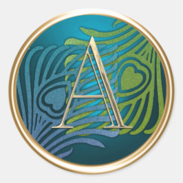 Pegatina Redonda TODAS LAS INICIALES Monograma dorado Pavo Real Azu