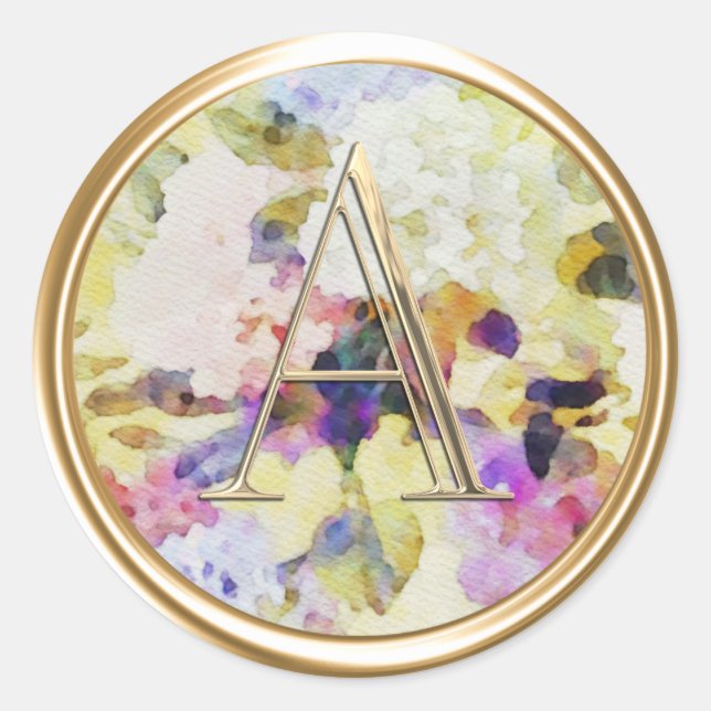 Pegatina Redonda TODAS LAS INICIALES Monograma Oro Floral Amarilla  (Anverso)