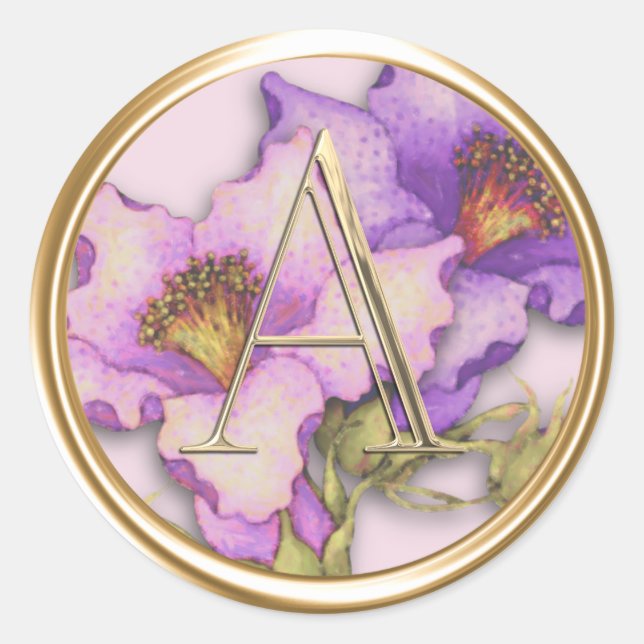 Pegatina Redonda TODAS LAS INICIALES Monograma Oro Lilis Púrpura Ro (Anverso)
