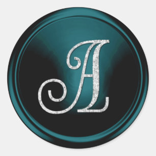 Pegatina Redonda TODAS LAS INICIALES Monograma plateado 3 Azul Teal