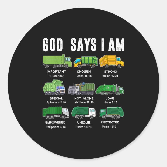 Pegatina Redonda Toddler Boy God Says I Am Garbage Truck Jesus Brot (Anverso)