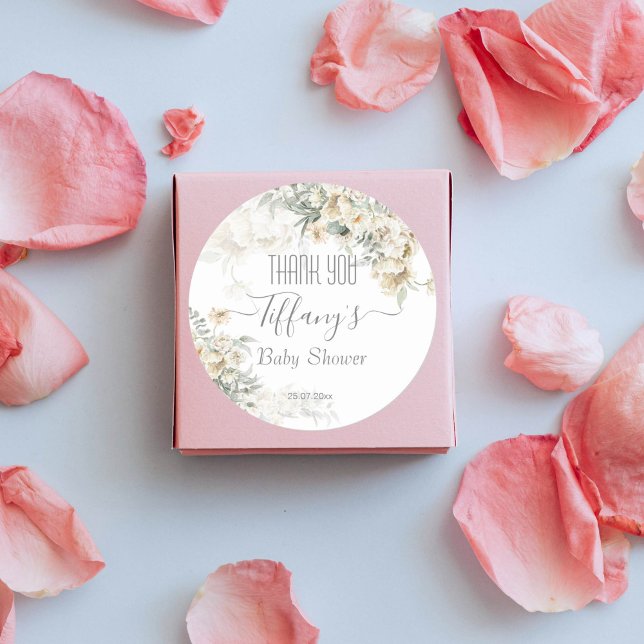 Pegatina Redonda Todos los bebes blancos ducha plata blanco favorec (All white baby shower silver sage white flowers thank you favor gift stickers)