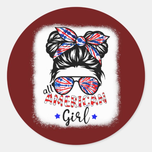 Pegatina Redonda Todos Los Chicas Estadounidenses Tie Dye Messy Bun (Anverso)