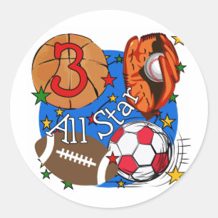 Pegatina Redonda Todos los deportes de Star 3er cumpleaños camiseta