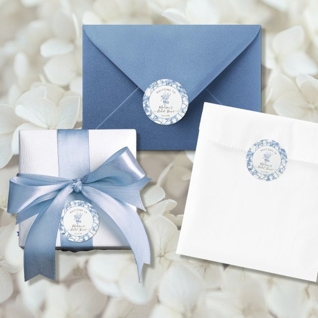 Pegatina Redonda Toile Blue and White Elegoral Bridal Shower (Subido por el creador)