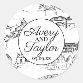 Pegatina Redonda Toile de Chattanooga Boda blanco y negro