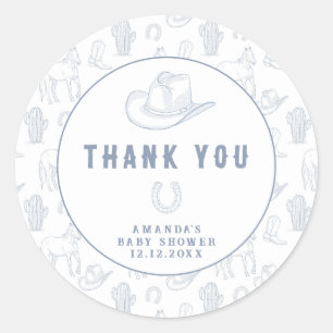 Pegatina Redonda Toile de Jouy Azul Vaquero Baby Shower Western