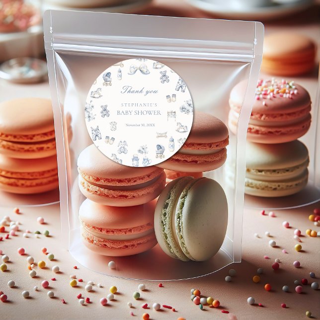 Pegatina Redonda Toile De Jouy Baby Shower Blue Bow Boy (Toile De Jouy Baby Shower Blue Bow Boy Classic Round Sticker)