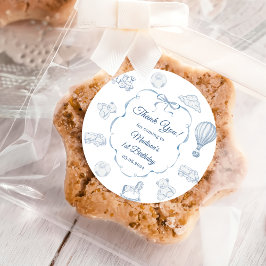 Pegatina Redonda Toile De Jouy Blue Bow Birthday Party