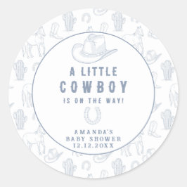 Pegatina Redonda Toile de Jouy Blue Cowboy Baby Shower Occidental