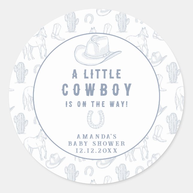 Pegatina Redonda Toile de Jouy Blue Cowboy Baby Shower Occidental (Anverso)