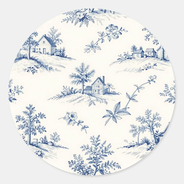 Pegatina Redonda Toile de Jouy Countryside Seamless Pattern (Anverso)