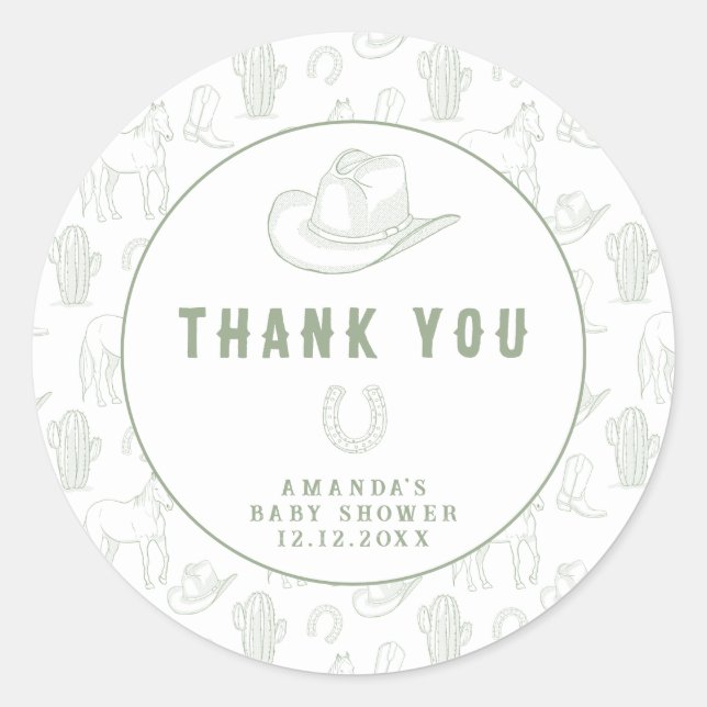 Pegatina Redonda Toile de Jouy Green Cowboy Baby Shower Occidental (Anverso)