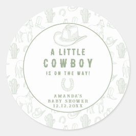 Pegatina Redonda Toile de Jouy Green Cowboy Baby Shower Occidental