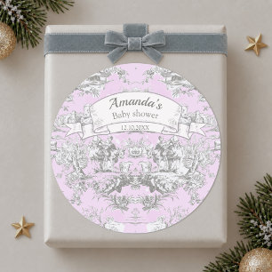 Pegatina Redonda Toile de Jouy monograma de flores lacustres rosada