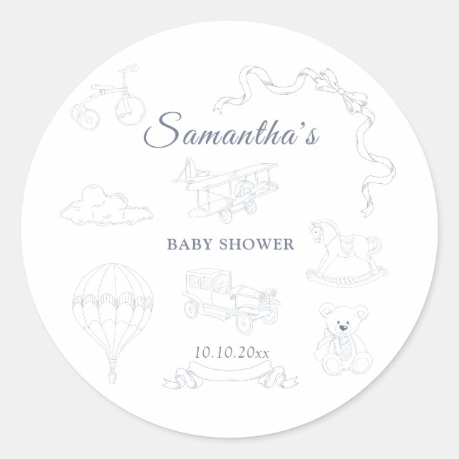 Pegatina Redonda Toile de Jouy Nursery Baby Shower (Anverso)