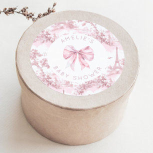 Pegatina Redonda Toile de Jouy París Lazo Rosa Baby Shower