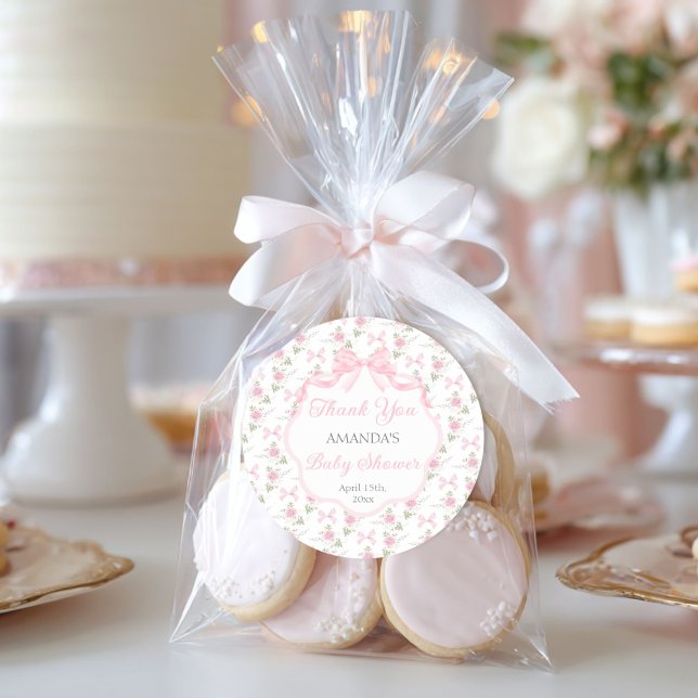 Pegatina Redonda Toile De Jouy Pink Bow Girl Baby Shower (Subido por el creador)