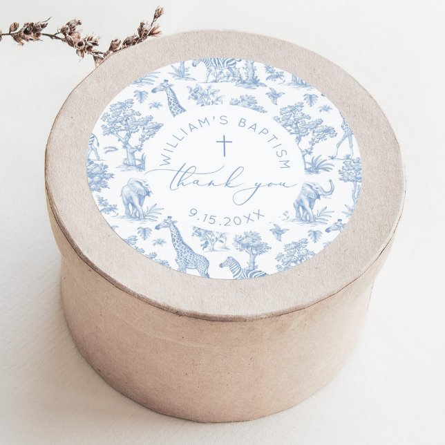 Pegatina Redonda Toile de Jouy Safari Boy Baptism Thank you (Subido por el creador)
