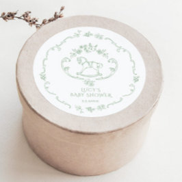 Pegatina Redonda Toile de Jouy Sage Green Rocking Horse Baby Shower