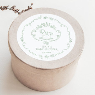 Pegatina Redonda Toile de Jouy Sage Green Rocking Horse Baby Shower