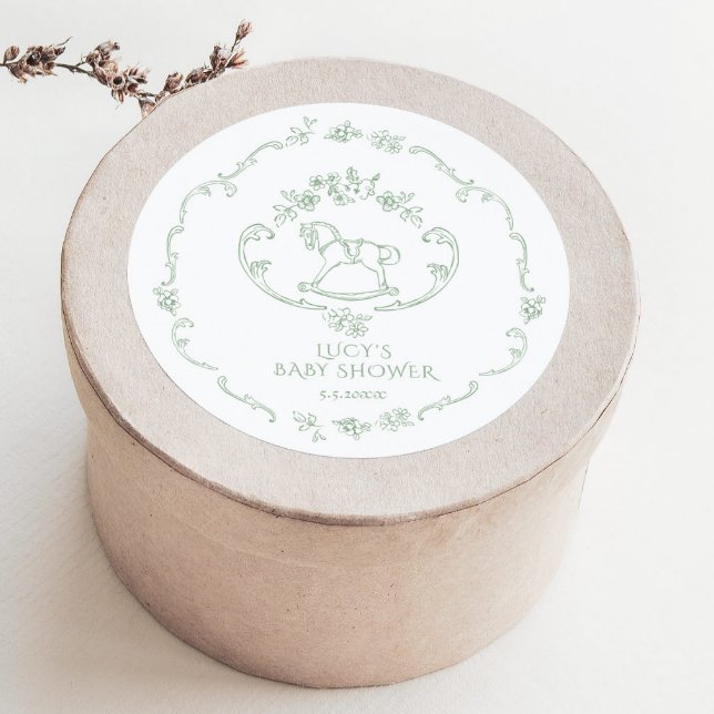 Pegatina Redonda Toile de Jouy Sage Green Rocking Horse Baby Shower (Subido por el creador)