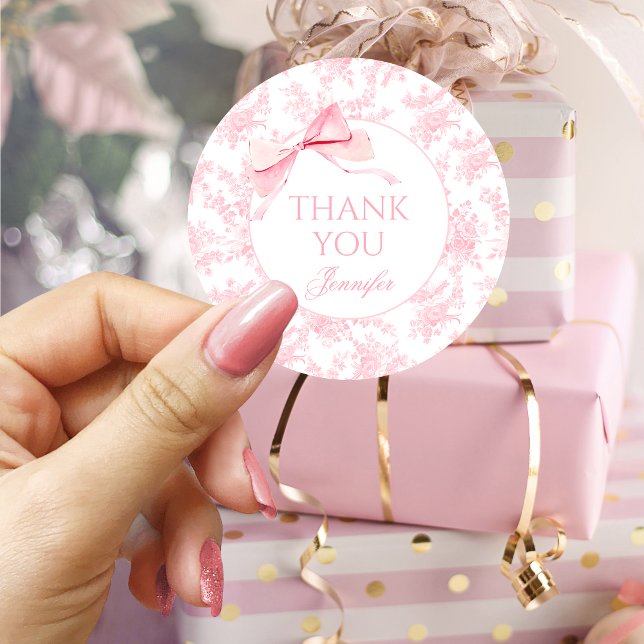 Pegatina Redonda Toile rosa Floral Bow Ribbon Baby Shower (Subido por el creador)