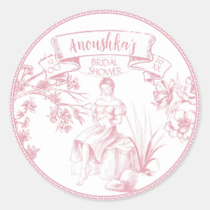 Pegatina Redonda Toile rosa y blanco de Jouy Bridal Shower