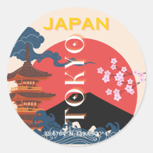 Pegatina Redonda Tokio Japón: Arte de viajes, arte de viajes retro