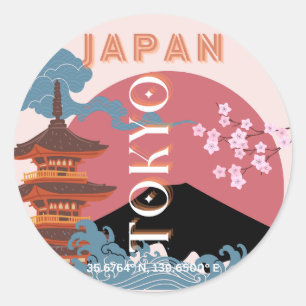 Pegatina Redonda Tokio Japón: Arte de viajes, arte de viajes retro