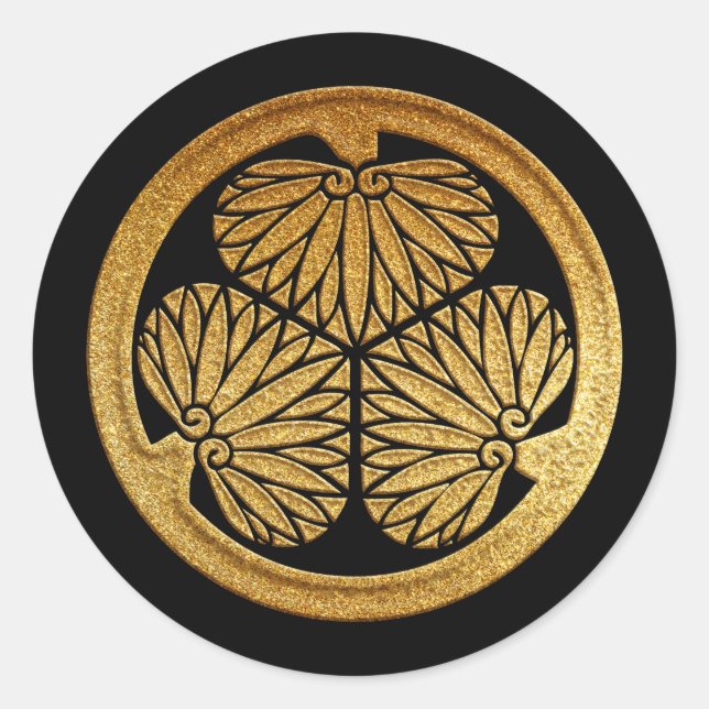 Pegatina Redonda Tokugawa Kamon Mitsuba Aoi en oro (Anverso)