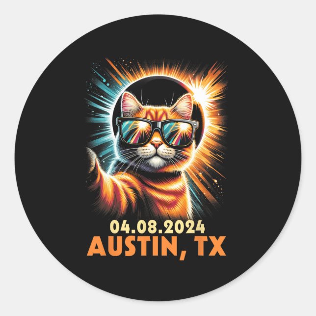 Pegatina Redonda Tomando Un Eclipse Solar Total Selfie 2024 Austin  (Anverso)