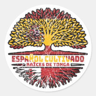 Pegatina Redonda Tonga España España Bandera de raíces de árbol esp