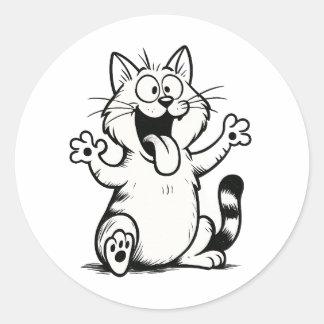 Pegatina Redonda "Tongue Out, Paws Up!" – Funny Cartoon Cat