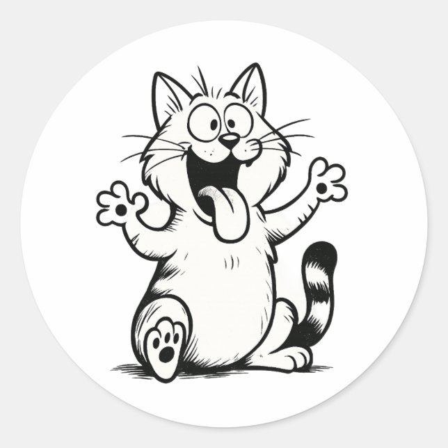 Pegatina Redonda "Tongue Out, Paws Up!" – Funny Cartoon Cat (Anverso)