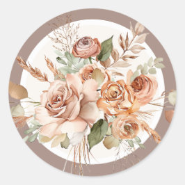 Pegatina Redonda Tono de tierra ligera floral rústico boho acuarela