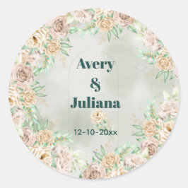 Pegatina Redonda Tonos terrosos flores boho elegante verde salvia